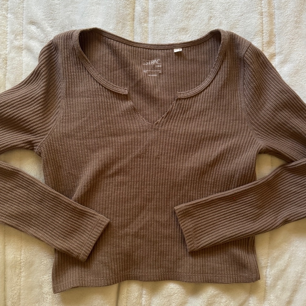 PacSun S Brown Waffle-Knit Long Sleeve Scoop Top